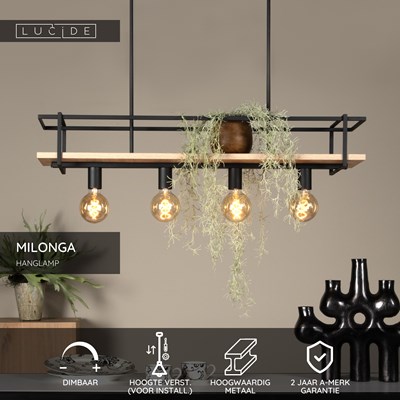 Lucide MILONGA - Hanglamp - 4xE27 - Zwart